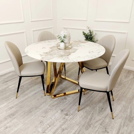 Nero - White - 130cm/1.3m - Round - Dining Table - Sintered Stone Top & 4 Etta - Beige - Faux Leather Dining Chairs