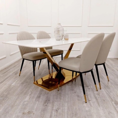 Valeo - Polar White - 180cm/1.8m - Rectangular - Dining Table - Sintered Stone Top & 4 Etta - Beige - Faux Leather Dining Chairs