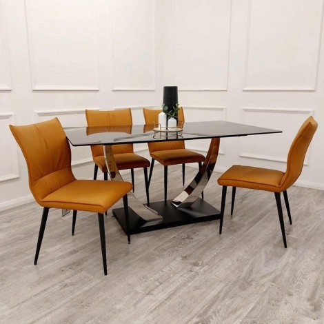 Venus - Black - 1.6m/160cm - Sintered Stone Top - Rectangular - Dining Table & 4 Flora - Grey - Faux Leather Dining Chairs