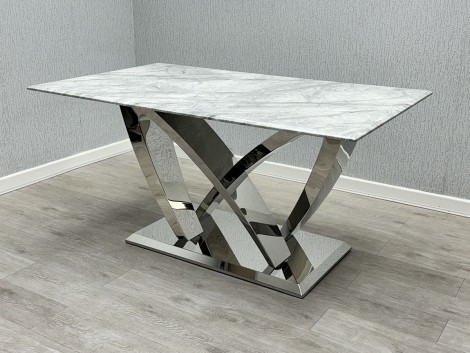 California Grey Marble 160cm Dining Table with Silver Abstract Base