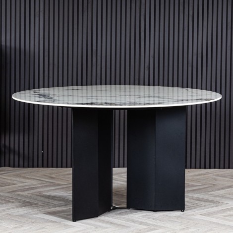 Pandora - White - 135cm - Round Polished Ceramic Dining Table - With Gold Flecks - Black Metal Base