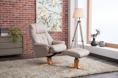 GFA - Dubai - Pebble - Plush Faux Leather - Swivel Recliner Chair & Stool