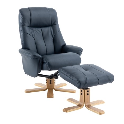 GFA -  Dubai - Navy Blue - Plush Faux Leather - 360 Swivel Recliner Chair & Stool