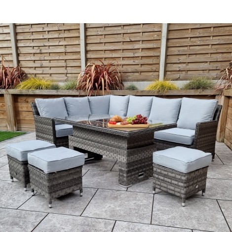 Edwina - Outdoor - 3 Wicker Grey - Corner Dining Sofa with Ice Bucket Lift Table and 3 Stools - UV treated wicker