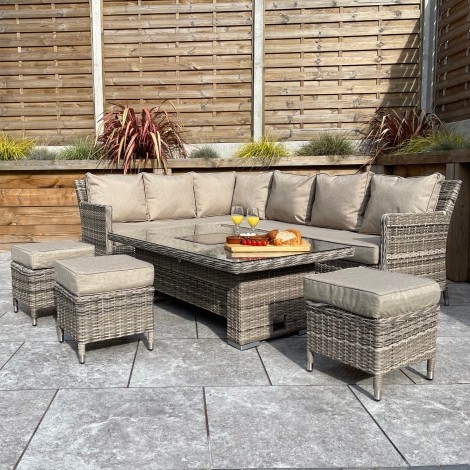 Edwina - Outdoor - Grey Double Half Round Weave - Corner Dining Sofa with Ice Bucket Lift Table and 3 Stools - UV treated wicker