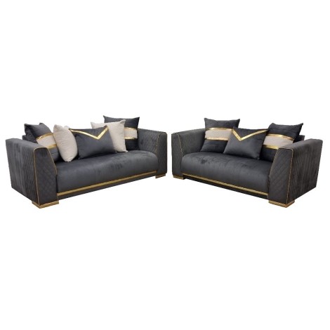 Empire - Scatter Back - Grey Velvet Fabric - 3 and 2 Seater Sofa Set - Gold Trimming