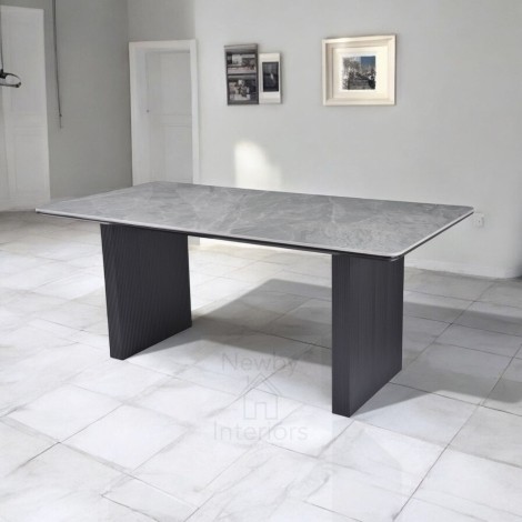 Engelberg Grey Ceramic Dining Table Black Wood Ribbed Base (180cm)