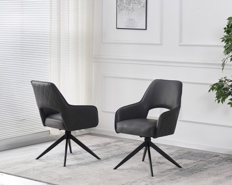 Enrica - 2x Dark Grey Faux Leather Swivel Dining Chair with Black Metal Legs