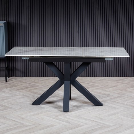 Arctic - Muse White - 120cm-160cm - Centre Extending Polished Ceramic Dining Table - Black Powder-coated Base