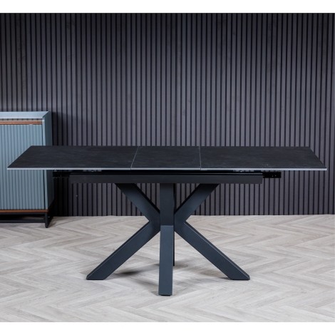 Thunder - Dark Grey - 140cm-180cm - Centre Extending Matte Ceramic Dining Table - Black Powder-coated Base