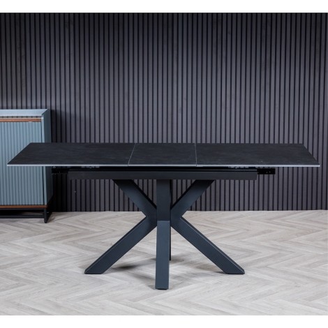 Thunder - Dark Grey - 120cm-160cm - Centre Extending Matte Ceramic Dining Table - Black Powder-coated Base