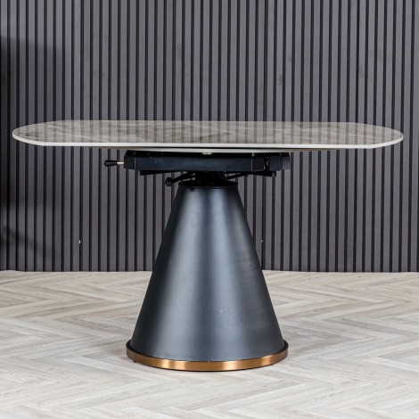 Storm - Light Grey - 80cm-130cm - Round Swivel Mechanism Extending Polished Ceramic Dining Table - Black Metal Base - With Rose Gold Trim 