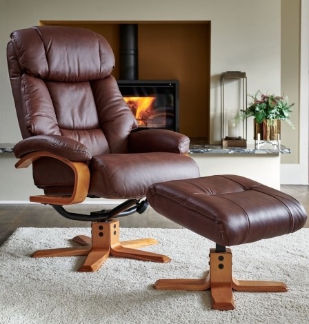 GFA -  Nice - Chestnut Brown - Leather - Recliner Chair and Stool