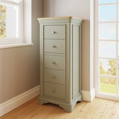 Faire 5 Drawer Chest in Sage Green with Oak Top