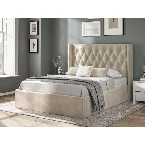 Beige Linen Fabric Upholstered - 4'6" Double Ottoman Bedstead - 135cm - High Headboard