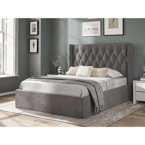 Dark Grey Linen Fabric Upholstered - 4'6" Double Ottoman Bedstead - 135cm - High Headboard