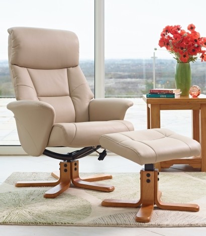 GFA - Marseille - Cafe Latte - Plush Faux Leather - Swivel Recliner Chair and Stool