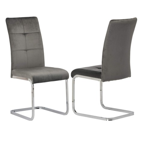 Pair Of - Florance Velvet Dining Chair - Grey - Coss-Stitched - Chrome Cantilever Base