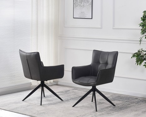 Franca - 2x Dark Grey Faux Leather Swivel Dining Chair with Black Metal Legs
