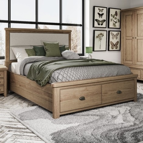 Hoxley Smoked Oak - 5' King Storage Bed with Fabric Headboard
