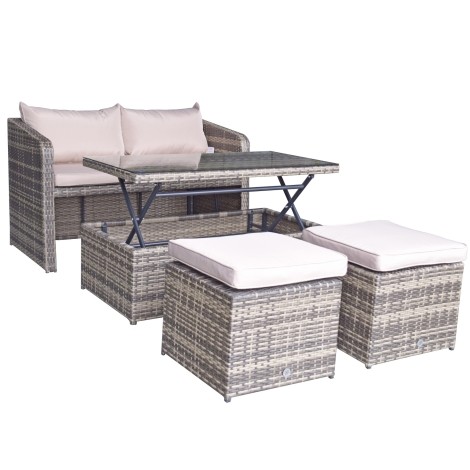 Gemma - Outdoor - Brown - Compact Sofa and Lift Up Coffee Table and 2 Stools - 8mm Flat Weave UV Treated Wicker