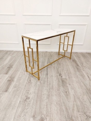 Geo Polar White Sintered Stone Console Table Gold Legs