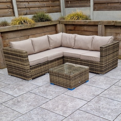 Georgia - Outdoor - Brown - Compact Corner Sofa and Glass Top Coffee Table - 8mm Flat Weave UV Treated Wicker