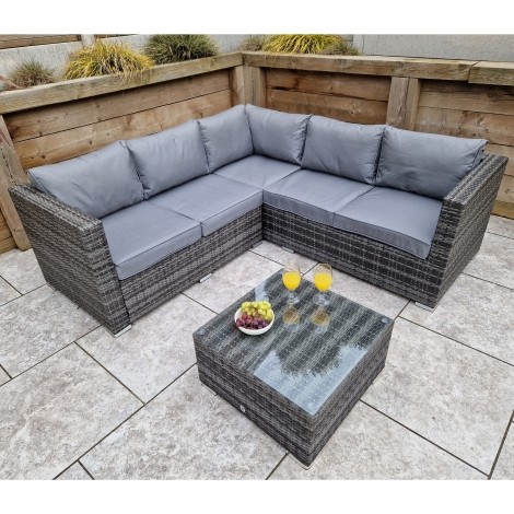 Georgia - Outdoor - Grey - Compact Corner Sofa and Glass Top Coffee Table - 8mm Flat Weave UV Treated Wicker