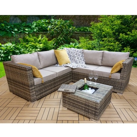 Georgia - Outdoor - Brown - Compact Corner Sofa and Coffee Table with Ice Bucket - 8mm Flat Weave UV Treated Wicker