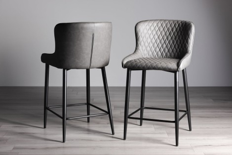 Cezanne - Upholstered Dark Grey Faux Leather Bar Stool - Black Legs - Pair