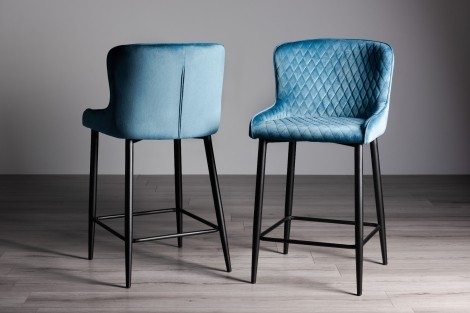 Cezanne - Petrol Blue Velvet Fabric Bar Stool with Black Legs (Pair)