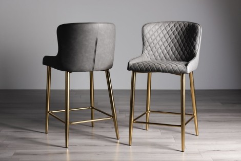 Cezanne - Upholstered Dark Grey Faux Leather Bar Stool - Gold Legs - Pair