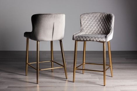 Cezanne - Upholstered Grey Velvet Fabric Bar Stool - Gold Legs - Pair