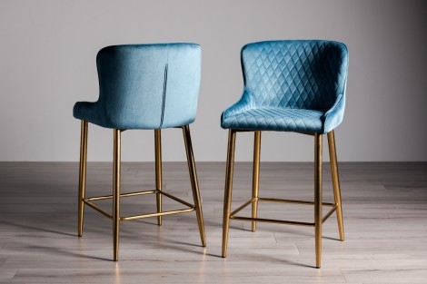 Cezanne - Upholstered Petrol Blue Velvet Fabric Bar Stool - Gold Legs - Pair