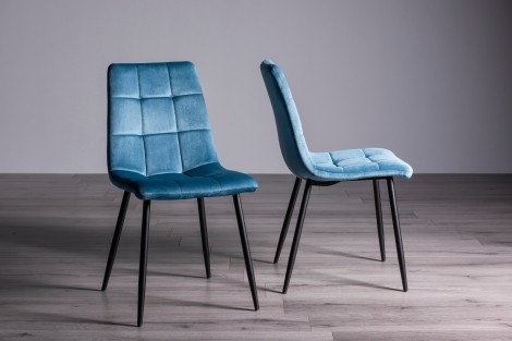 Mondrian - Upholstered Petrol Blue Velvet Fabric Chair - Black Legs - Pair