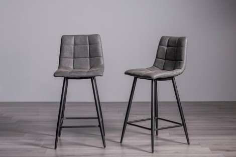 Mondrian - Upholstered Dark Grey Faux Leather Bar Stool - Black Legs - Pair