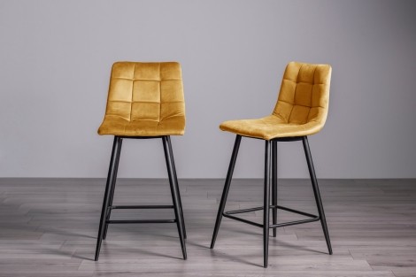 Mondrian - Upholstered Mustard Velvet Fabric Bar Stool - Black Legs - Pair