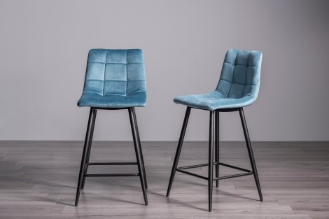 Mondrian - Upholstered Petrol Blue Velvet Fabric Bar Stool - Black Legs - Pair