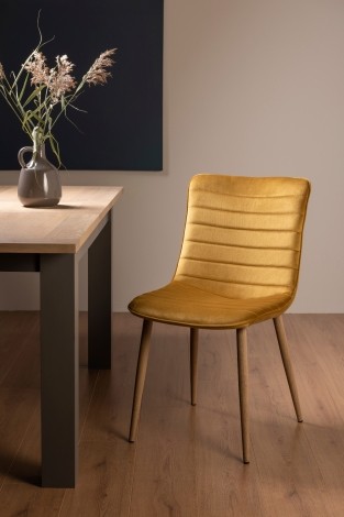Eriksen - Upholstered Mustard Velvet Fabric Chair - Oak Effect Legs - Pair