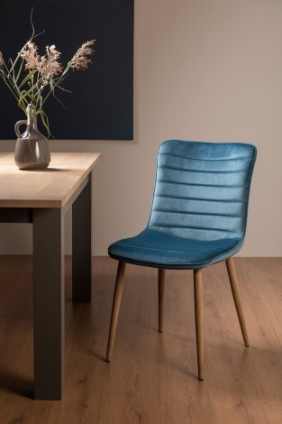 Eriksen - Upholstered Petrol Blue Velvet Fabric Chair - Oak Effect Legs - Pair