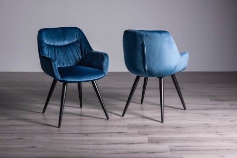 Dali - Upholstered Petrol Blue Velvet Fabric Chair - Black Legs - Pair