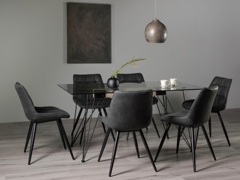 Miro Clear Glass 6 Seater Table & 6 Seurat Dark Grey Faux Suede Fabric Chairs