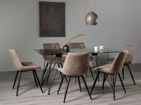 Miro Clear Glass 6 Seater Table & 6 Seurat Tan Faux Suede Fabric Chairs