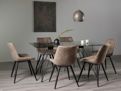 Miro- Clear Glass - Rectangular- 6 Seater Dining Table & 6 Tan Faux Suede Fabric Chairs - Black Legs