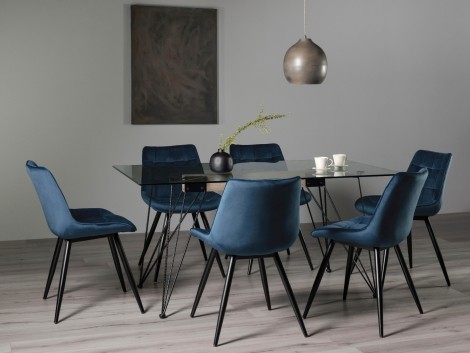 Miro- Clear Glass - Rectangular- 6 Seater Dining Table & 6 Blue Velvet Fabric Chairs - Black Legs