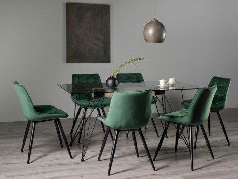 Miro- Clear Glass - Rectangular- 6 Seater Dining Table & 6 Green Velvet Chairs - Black Legs