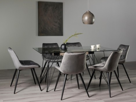 Miro Clear Glass 6 Seater Table & 6 Seurat Grey Velvet Chairs