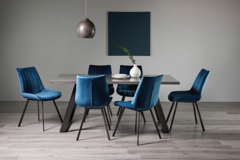 Hirst Grey Painted Glass 6 Seater Table & 6 Fontana Blue Velvet Chairs