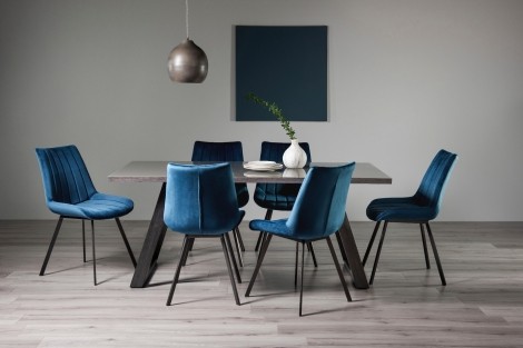 Hirst - Grey Painted Glass - Rectangular- 6 Seater Dining Table & 6 Blue Velvet Fabric Chairs - Grey Legs