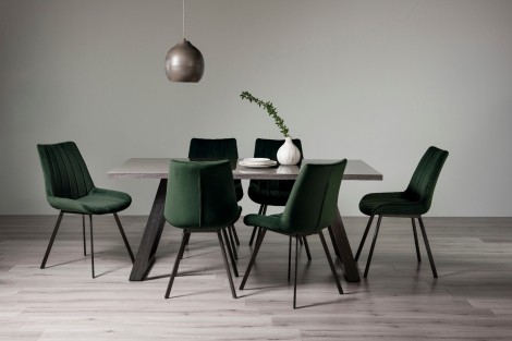Hirst - Grey Painted Glass - Rectangular- 6 Seater Dining Table & 6 Green Velvet Chairs - Grey Legs